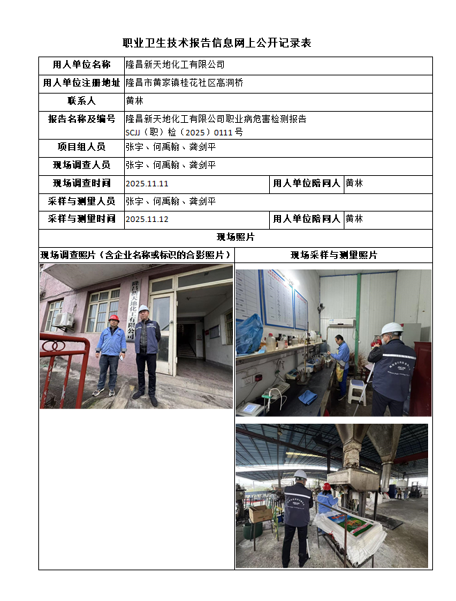 隆昌新天地化工有限公司职业病危害检测报告