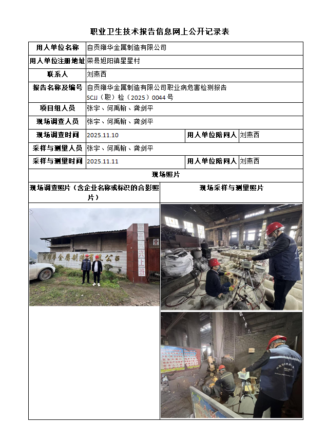 自贡雍华金属制造有限公司职业病危害因素检测报告