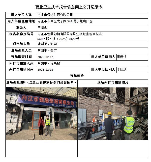 内江市恒鼎彩钢有限公司职业病危害检测报告