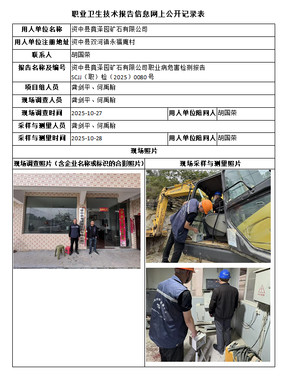 资中县竟泽园矿石有限公司职业病危害检测报告