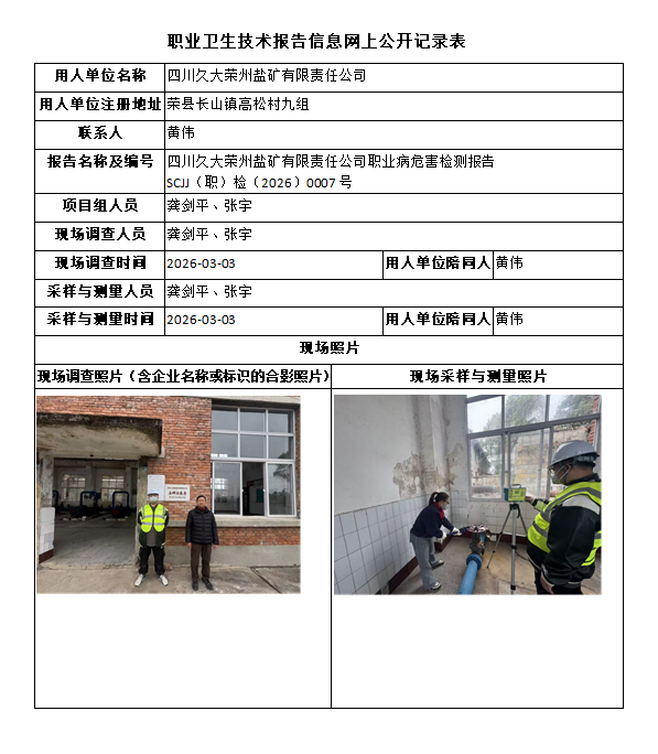 四川久大荣州盐矿有限责任公司职业病危害检测报告