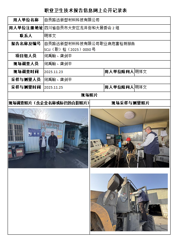 自贡路远新型材料科技有限公司职业病危害检测报告