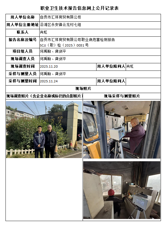 自贡市汇祥商贸有限公司职业病危害检测报告