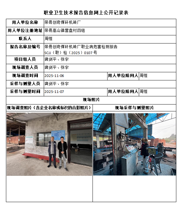 荣县创奇煤矸机砖厂职业病危害检测报告