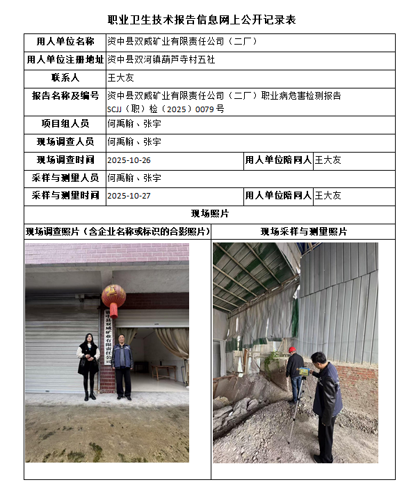 资中县双威矿业有限责任公司（二厂）职业病危害检测报告