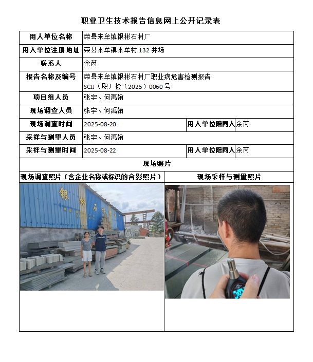 荣县来牟镇银彬石材厂职业病危害检测报告