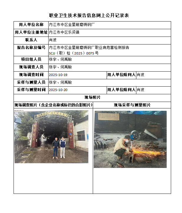 内江市中区金星耐磨铸钢厂职业病危害检测报告