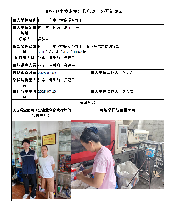 内江市市中区益欣塑料加工厂职业病危害检测报告
