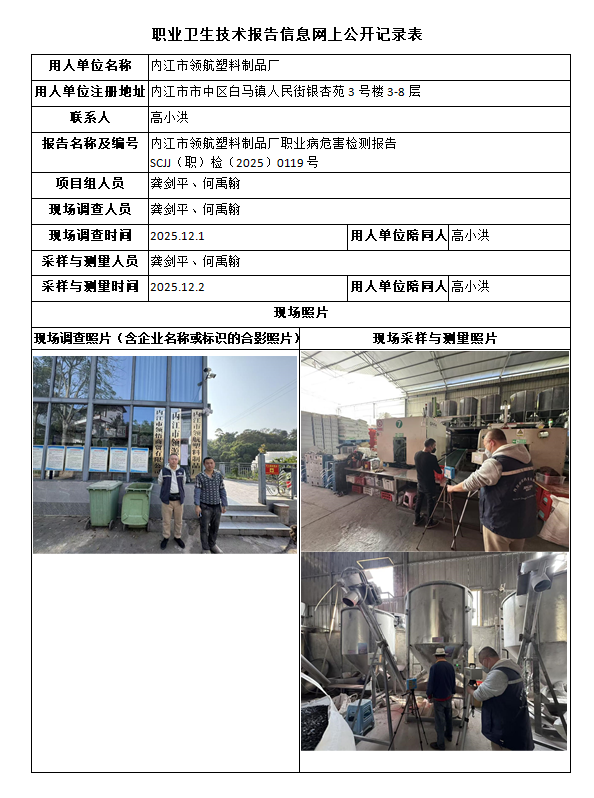内江市领航塑料制品厂职业病危害检测报告