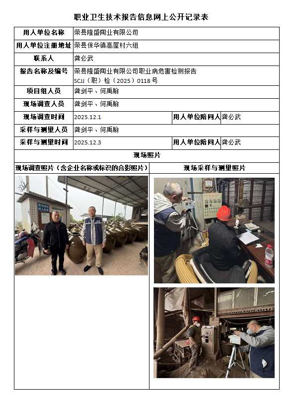 荣县隆盛陶业有限公司职业病危害检测报告